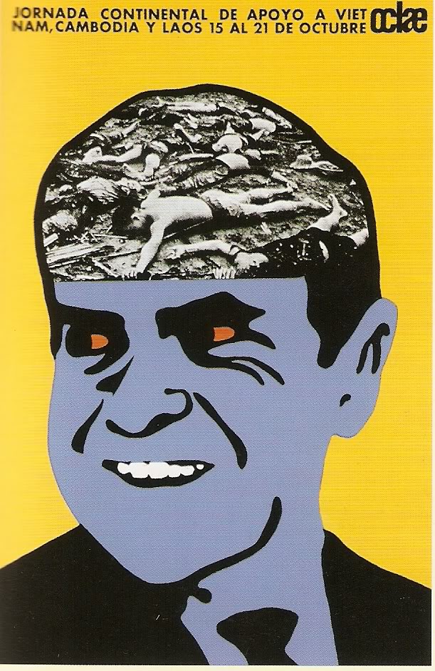 Poster indicting a sinister looking President Nixon as responsible for the deaths of civilians after American bombing in Vietnam, Cambodia, and Laos. (USA)